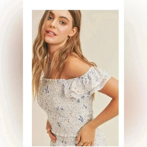 Blue and Orange flower Smocked crop blouse